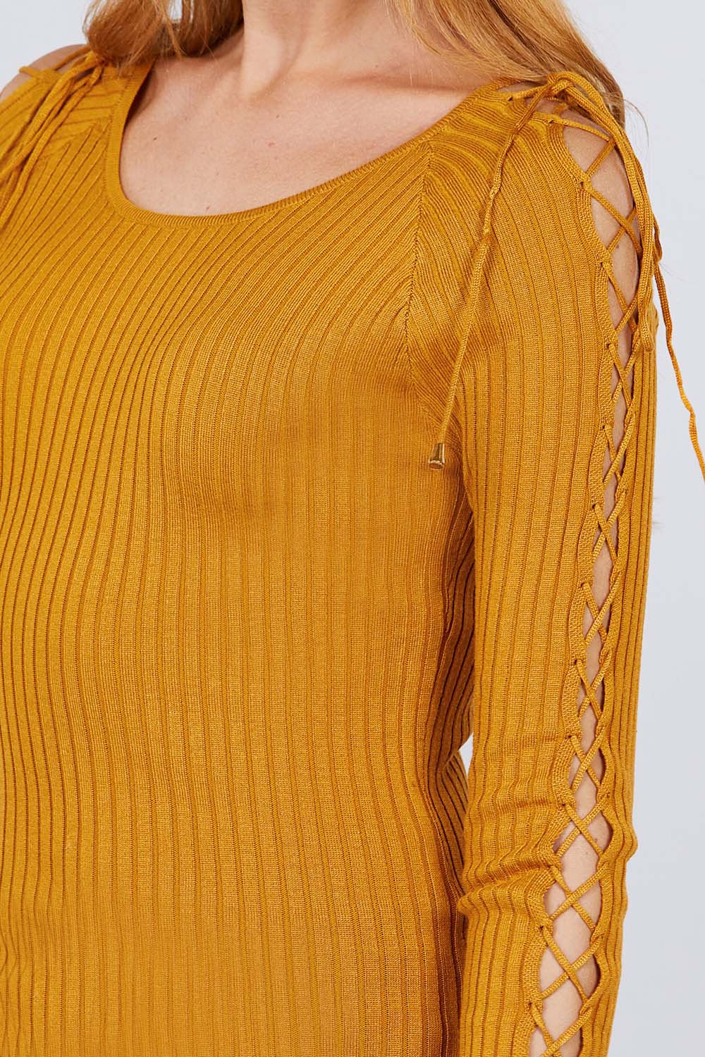 Long Sleeve W/strappy Detail Round Neck Rib Sweater Top Smile Sparker