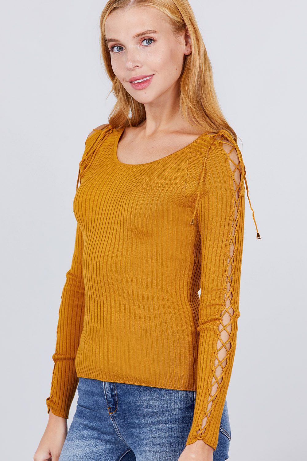 Long Sleeve W/strappy Detail Round Neck Rib Sweater Top Smile Sparker