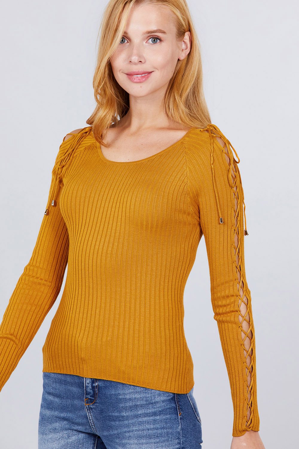 Long Sleeve W/strappy Detail Round Neck Rib Sweater Top Smile Sparker