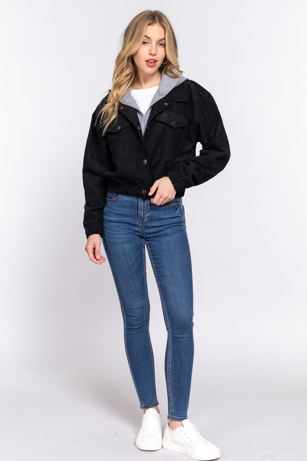 Long Slv Hoodie Corduroy Jacket - JACKETS & OUTWEAR - Black