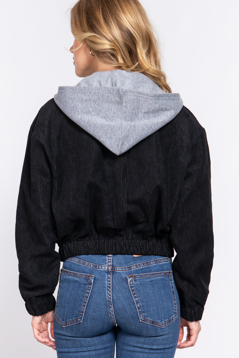 Long Slv Hoodie Corduroy Jacket - JACKETS & OUTWEAR - Black