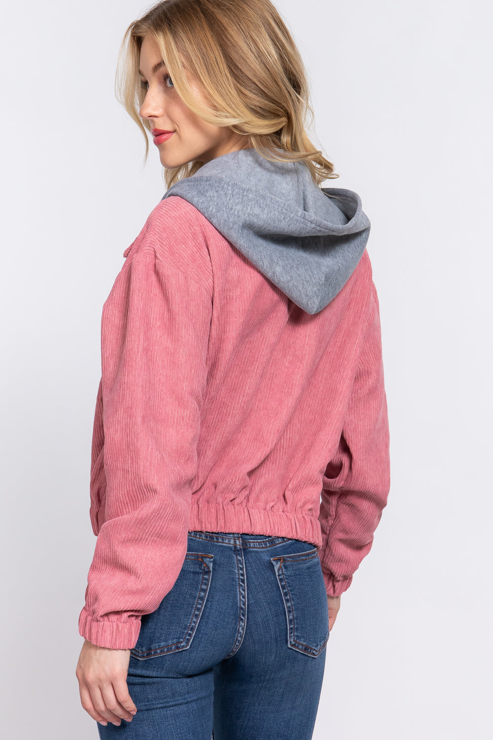 Long Slv Hoodie Corduroy Jacket - JACKETS & OUTWEAR - Pink