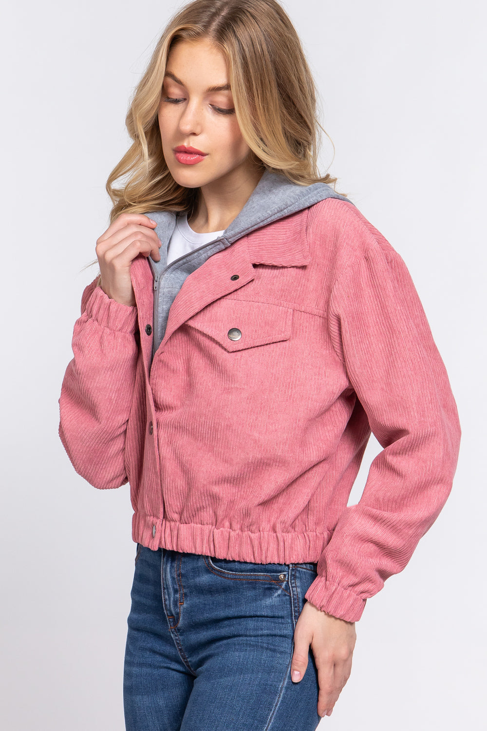 Long Slv Hoodie Corduroy Jacket - JACKETS & OUTWEAR - Pink