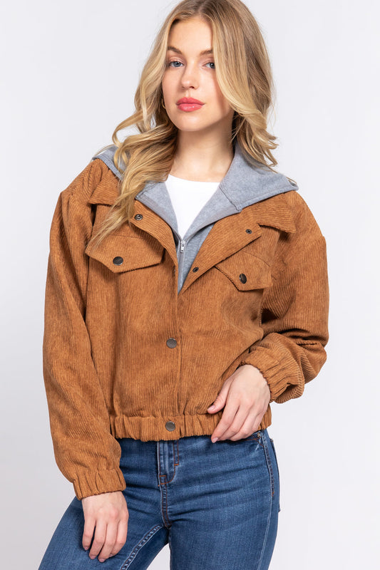 Long Slv Hoodie Corduroy Jacket - JACKETS & OUTWEAR - Brown