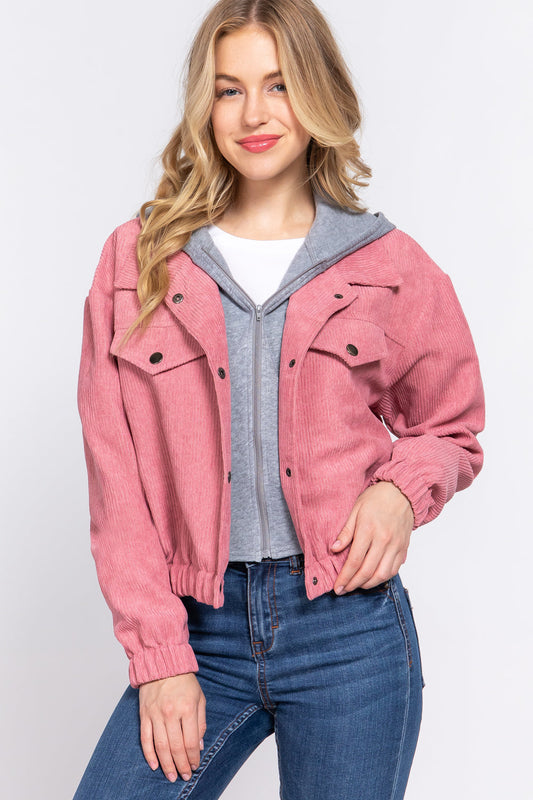 Long Slv Hoodie Corduroy Jacket - JACKETS & OUTWEAR - Pink