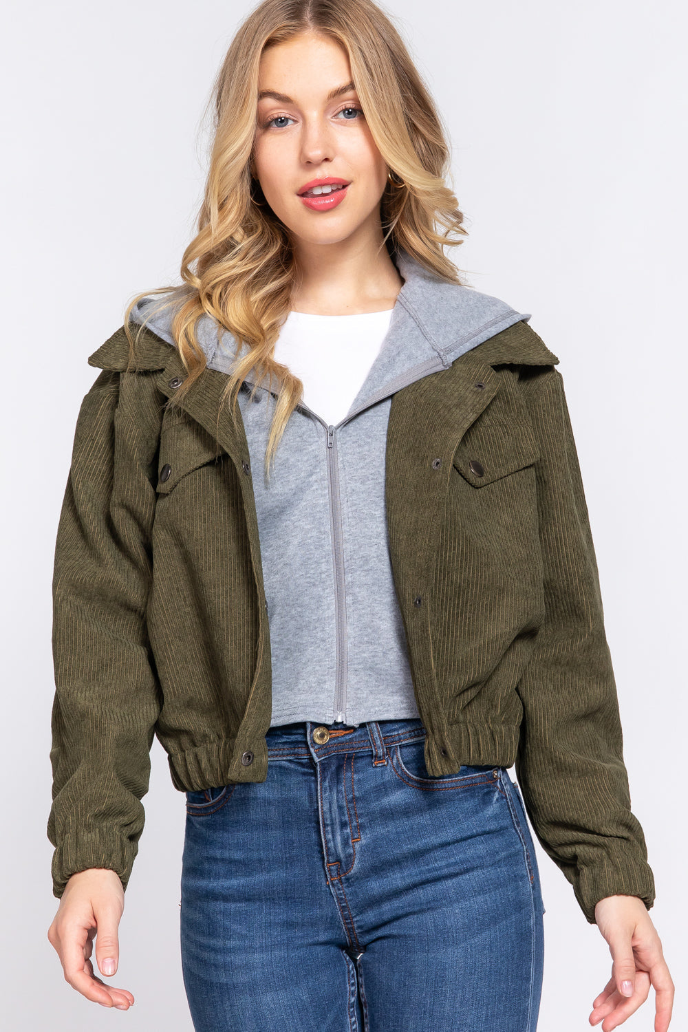 Long Slv Hoodie Corduroy Jacket - JACKETS & OUTWEAR - Green