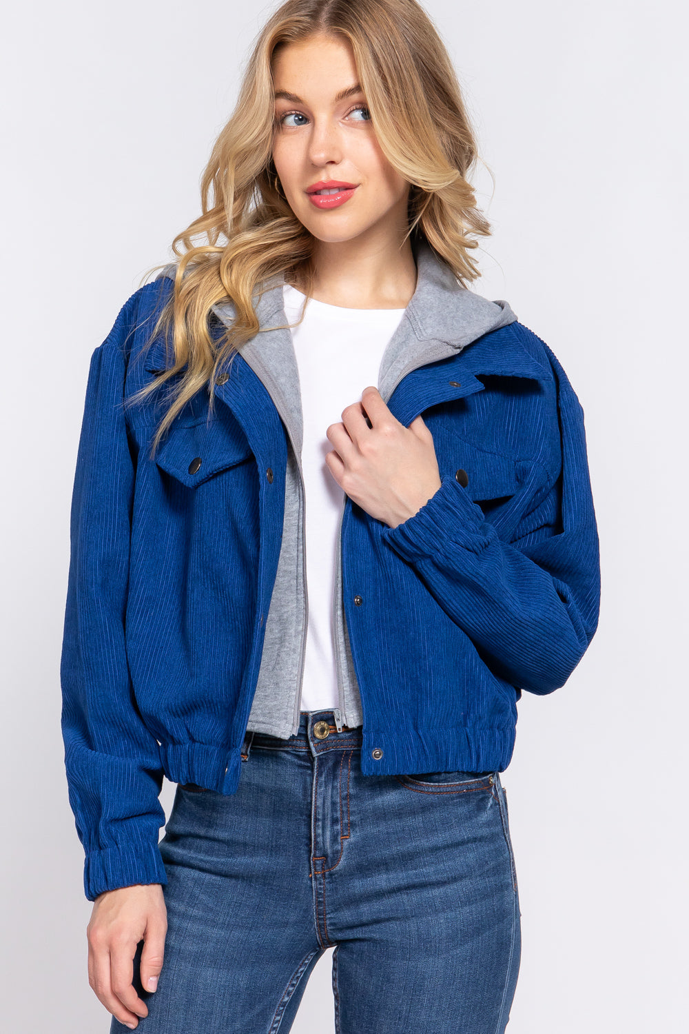 Long Slv Hoodie Corduroy Jacket - JACKETS & OUTWEAR - Blue