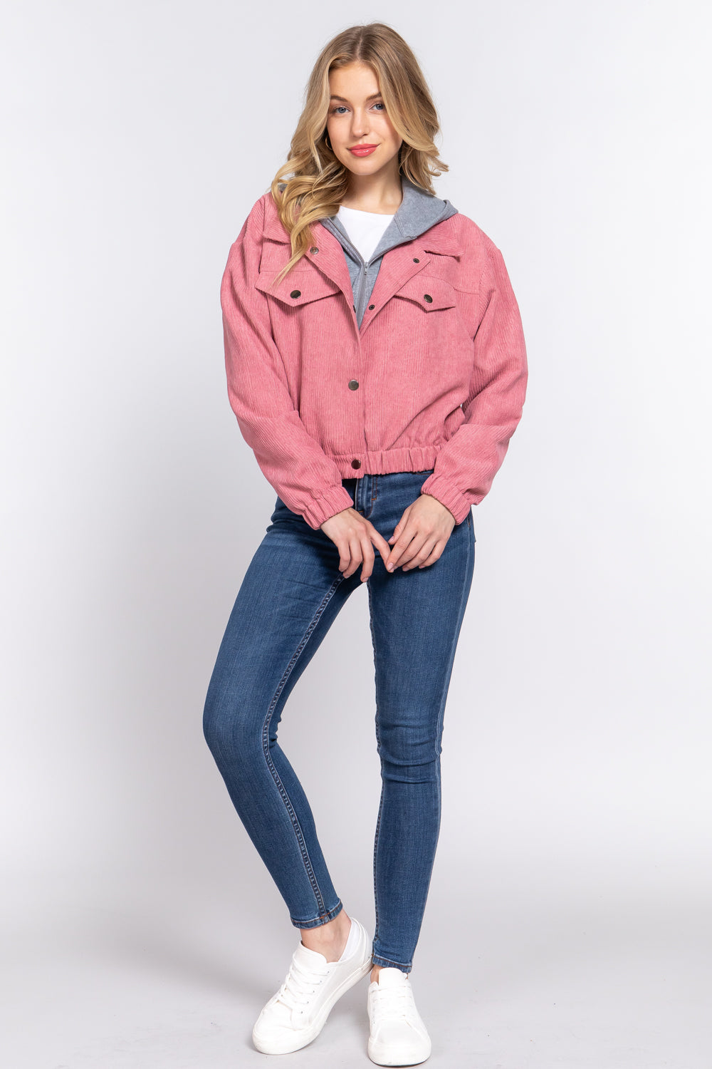 Long Slv Hoodie Corduroy Jacket - JACKETS & OUTWEAR - Pink