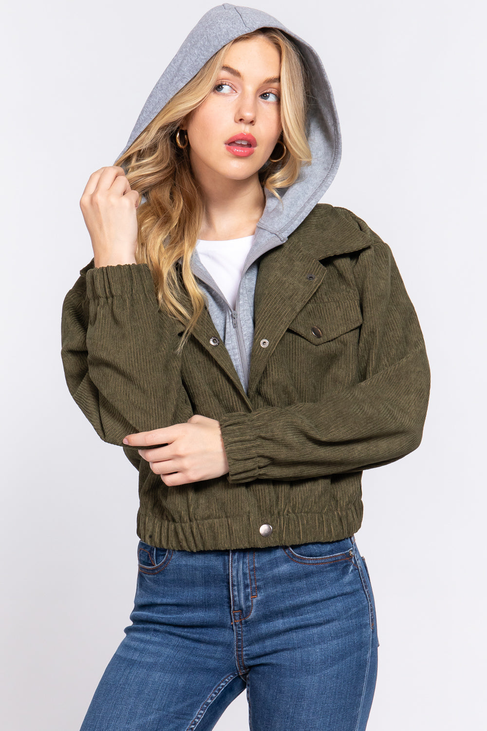 Long Slv Hoodie Corduroy Jacket - JACKETS & OUTWEAR - Green