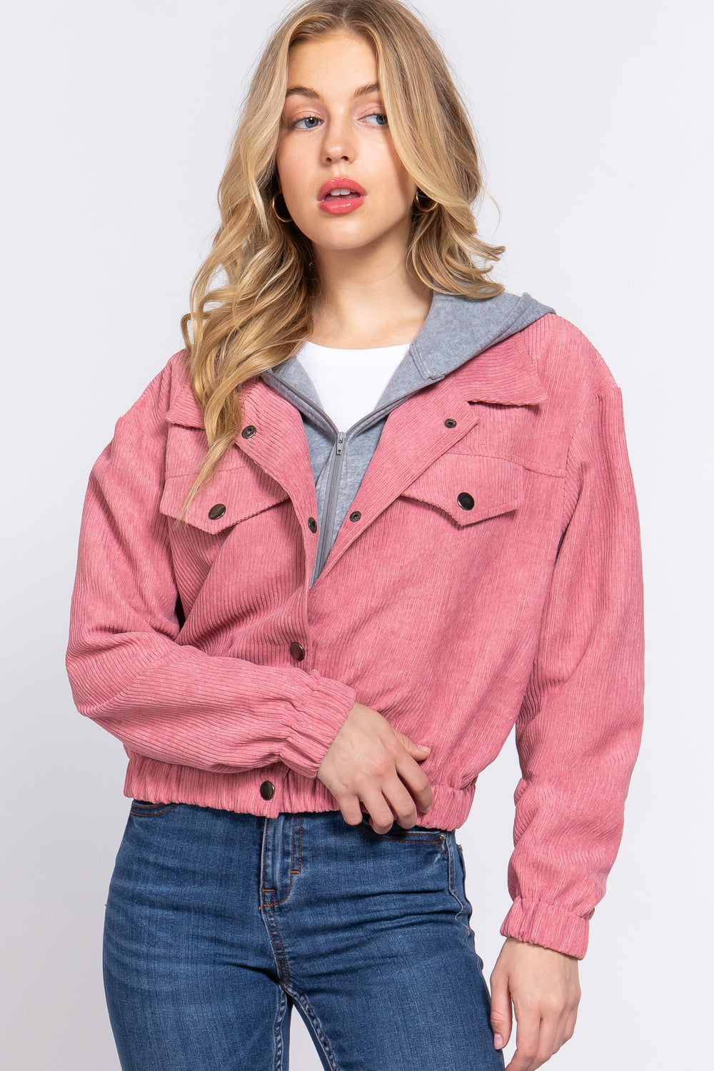 Long Slv Hoodie Corduroy Jacket - JACKETS & OUTWEAR - Pink