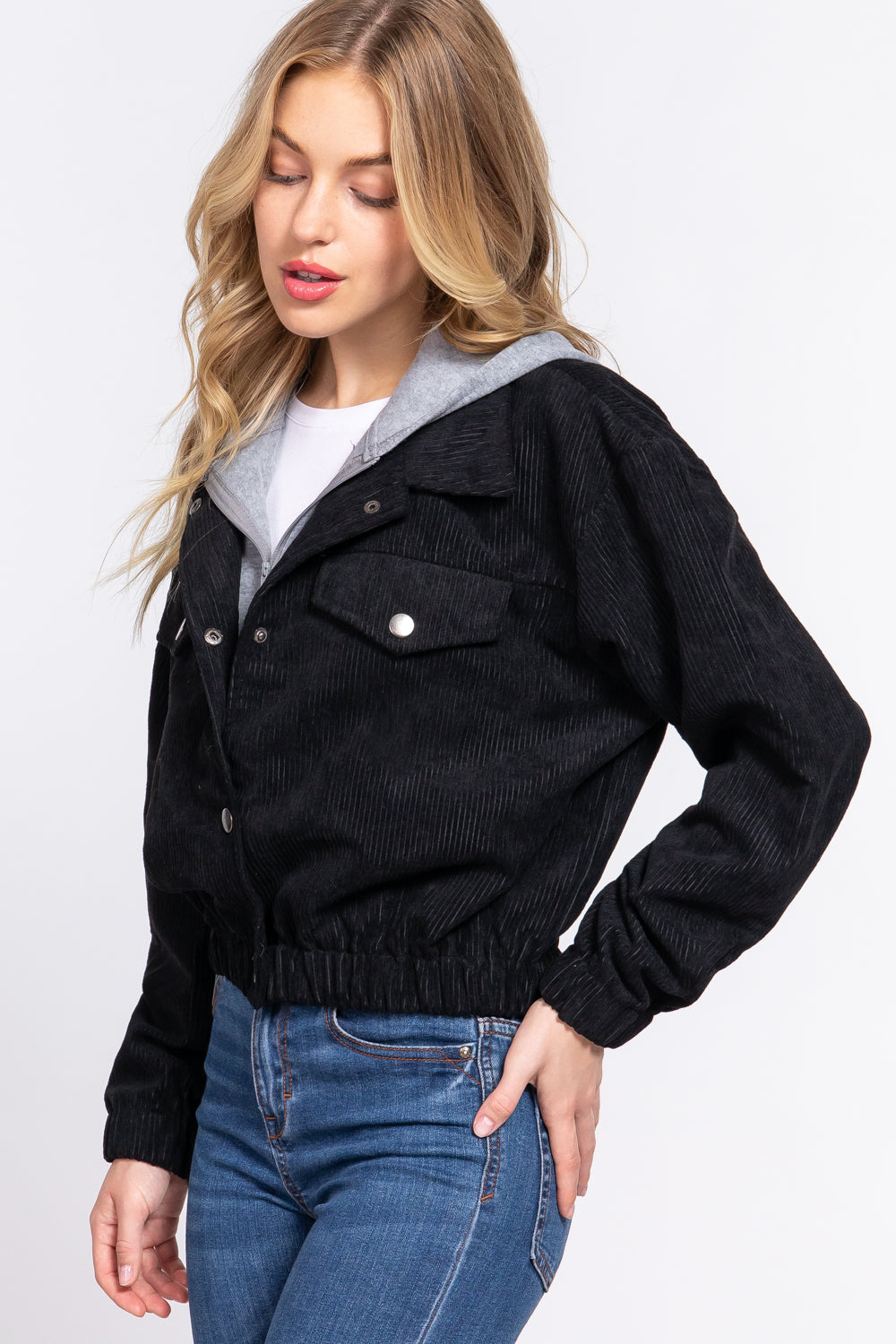 Long Slv Hoodie Corduroy Jacket - JACKETS & OUTWEAR - Black