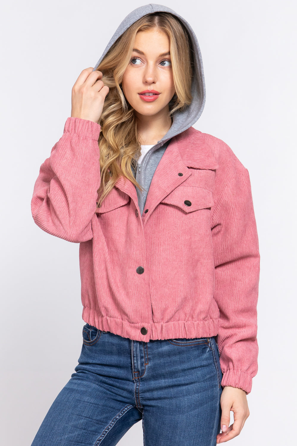 Long Slv Hoodie Corduroy Jacket - JACKETS & OUTWEAR - Pink