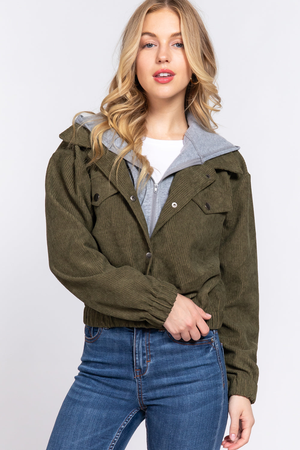 Long Slv Hoodie Corduroy Jacket - JACKETS & OUTWEAR - Green