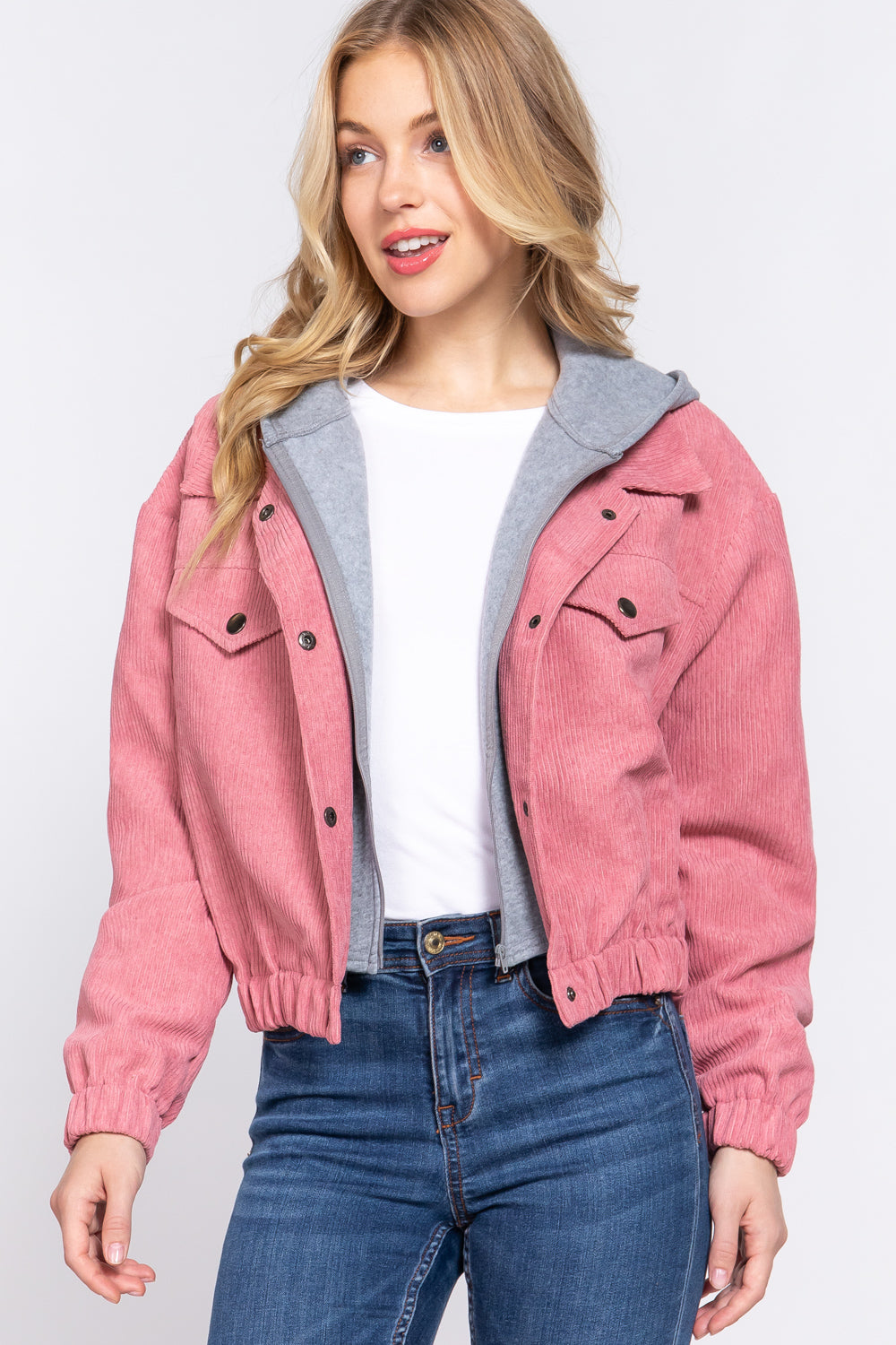 Long Slv Hoodie Corduroy Jacket - JACKETS & OUTWEAR - Pink