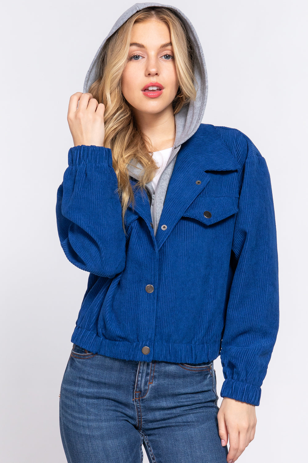 Long Slv Hoodie Corduroy Jacket - JACKETS & OUTWEAR - Blue