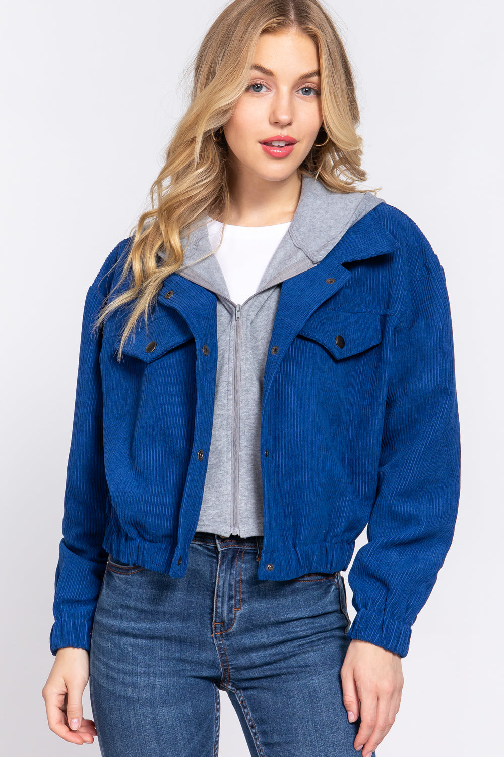 Long Slv Hoodie Corduroy Jacket - JACKETS & OUTWEAR - Blue