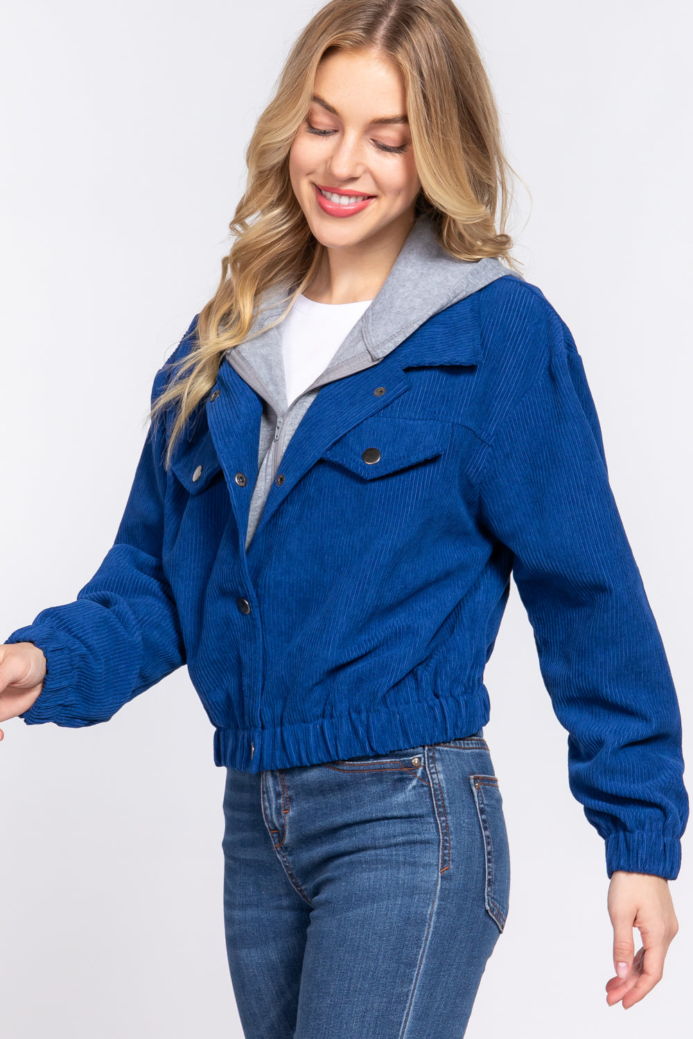 Long Slv Hoodie Corduroy Jacket - JACKETS & OUTWEAR - Blue