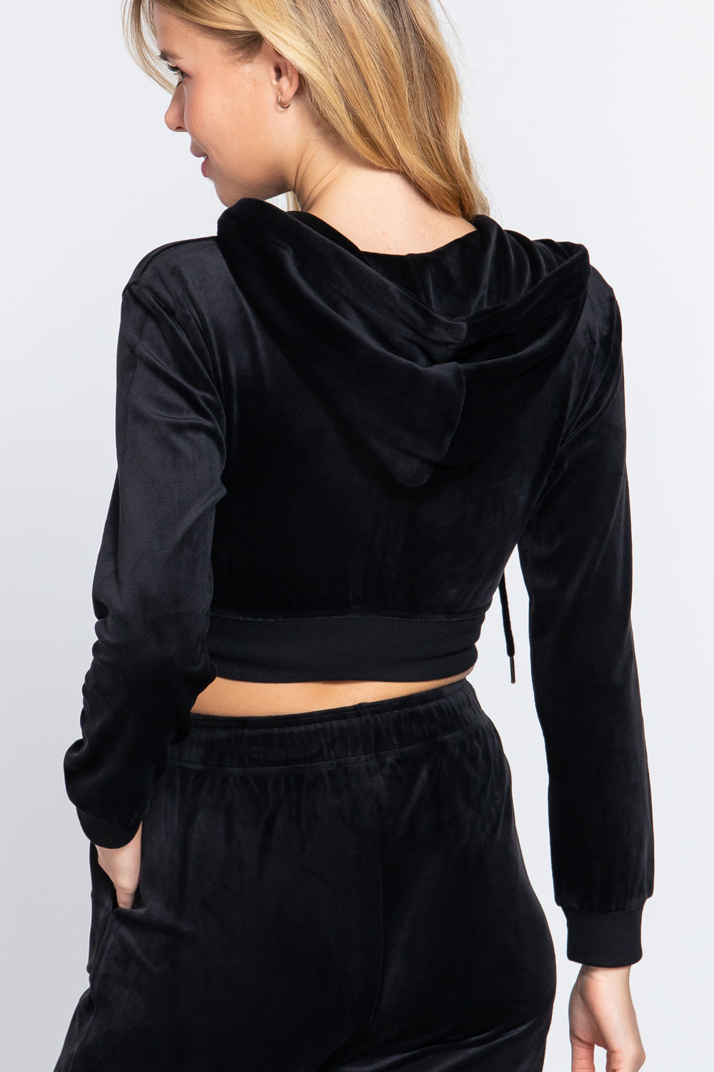 Long Slv Velour Hoodie Crop Jacket - JACKETS & OUTWEAR - Black