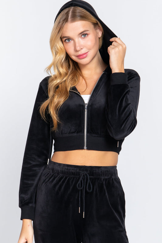 Long Slv Velour Hoodie Crop Jacket - JACKETS & OUTWEAR - Black