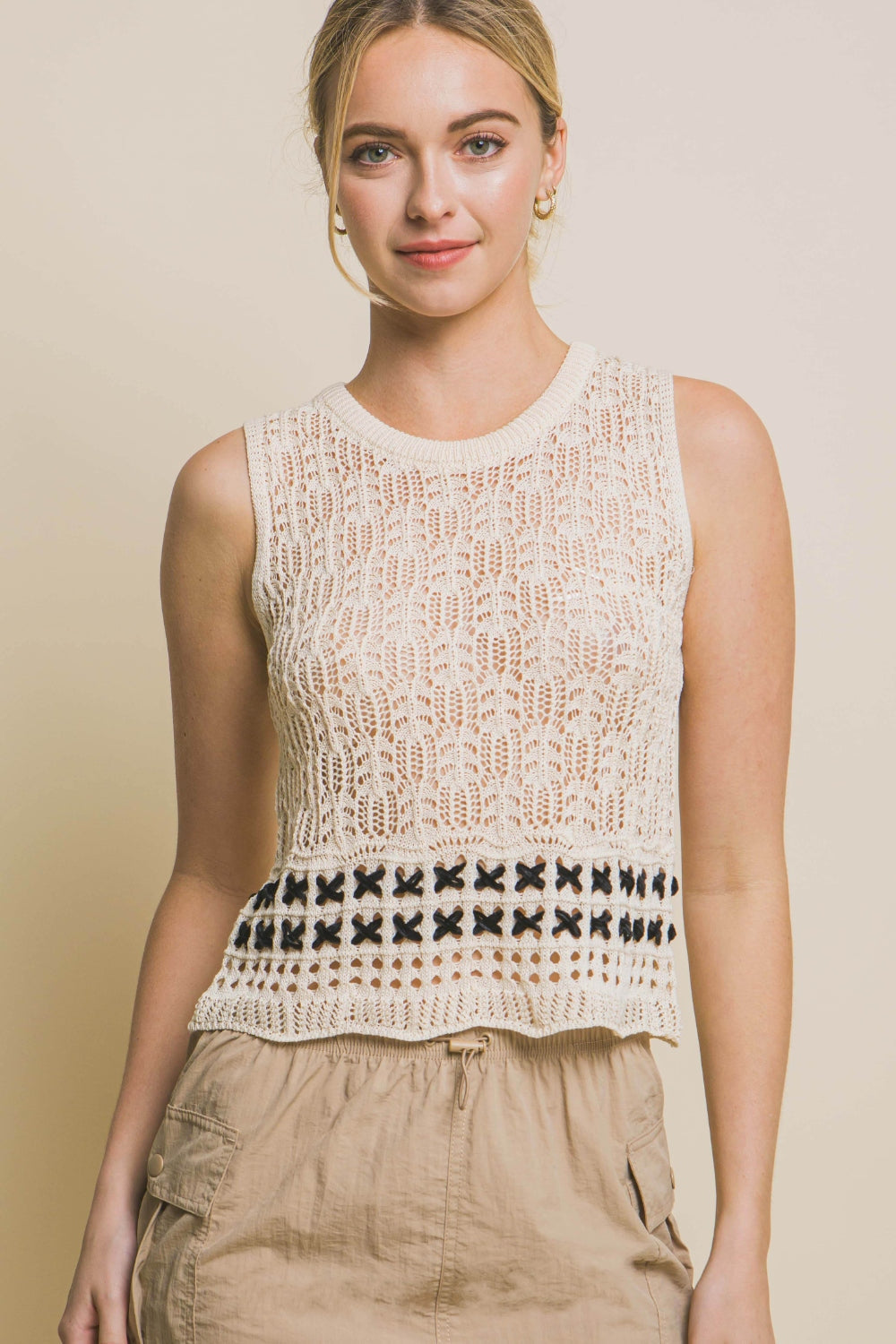 Love Tree Contrast line Openwork Knit Tank - Natural / S - TOPS - Natural