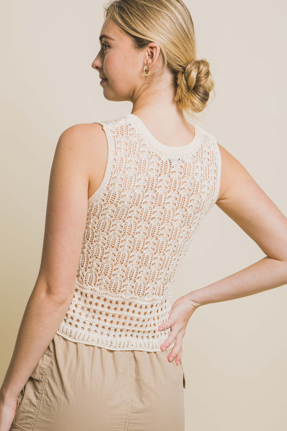 Love Tree Contrast line Openwork Knit Tank - TOPS - Natural