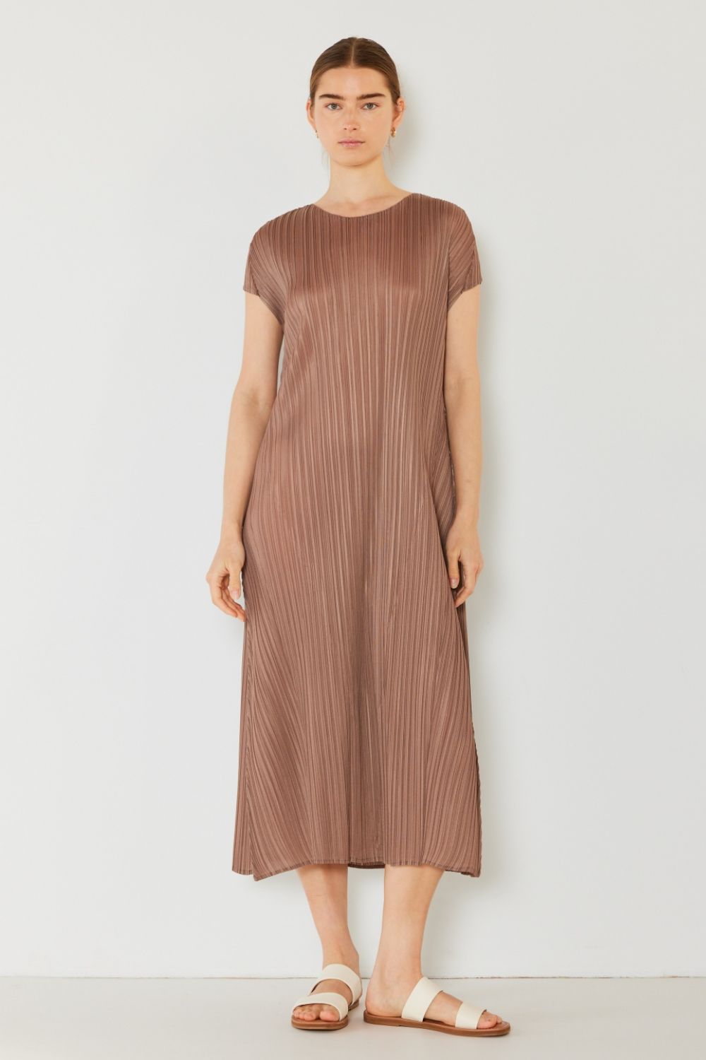 Marina West Swim Pleated Cap Sleeve A-Line Dress - Gray Brown / S/M - DRESSES - Mixed