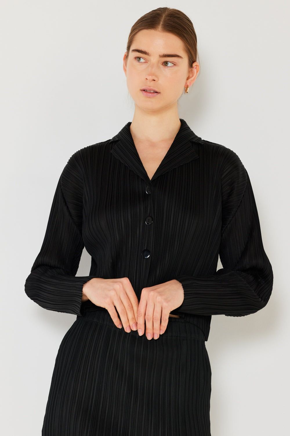 Marina West Swim Pleated Cropped Button Up Shirt - Black / S/M - SHIRTS & BLOUSES - Mixed