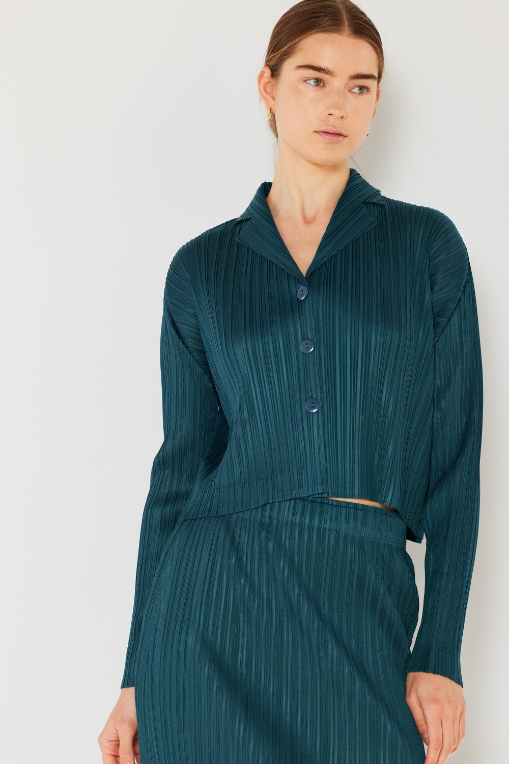 Marina West Swim Pleated Cropped Button Up Shirt - Deep Green / S/M - SHIRTS & BLOUSES - Mixed