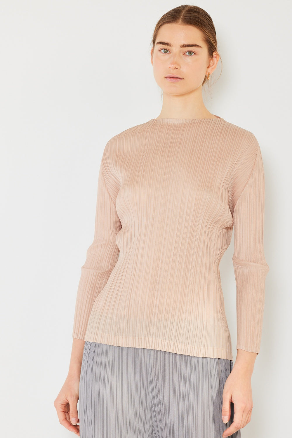 Marina West Swim Pleated Long Sleeve Boatneck Top - Beige / S/M - TOPS - Mixed