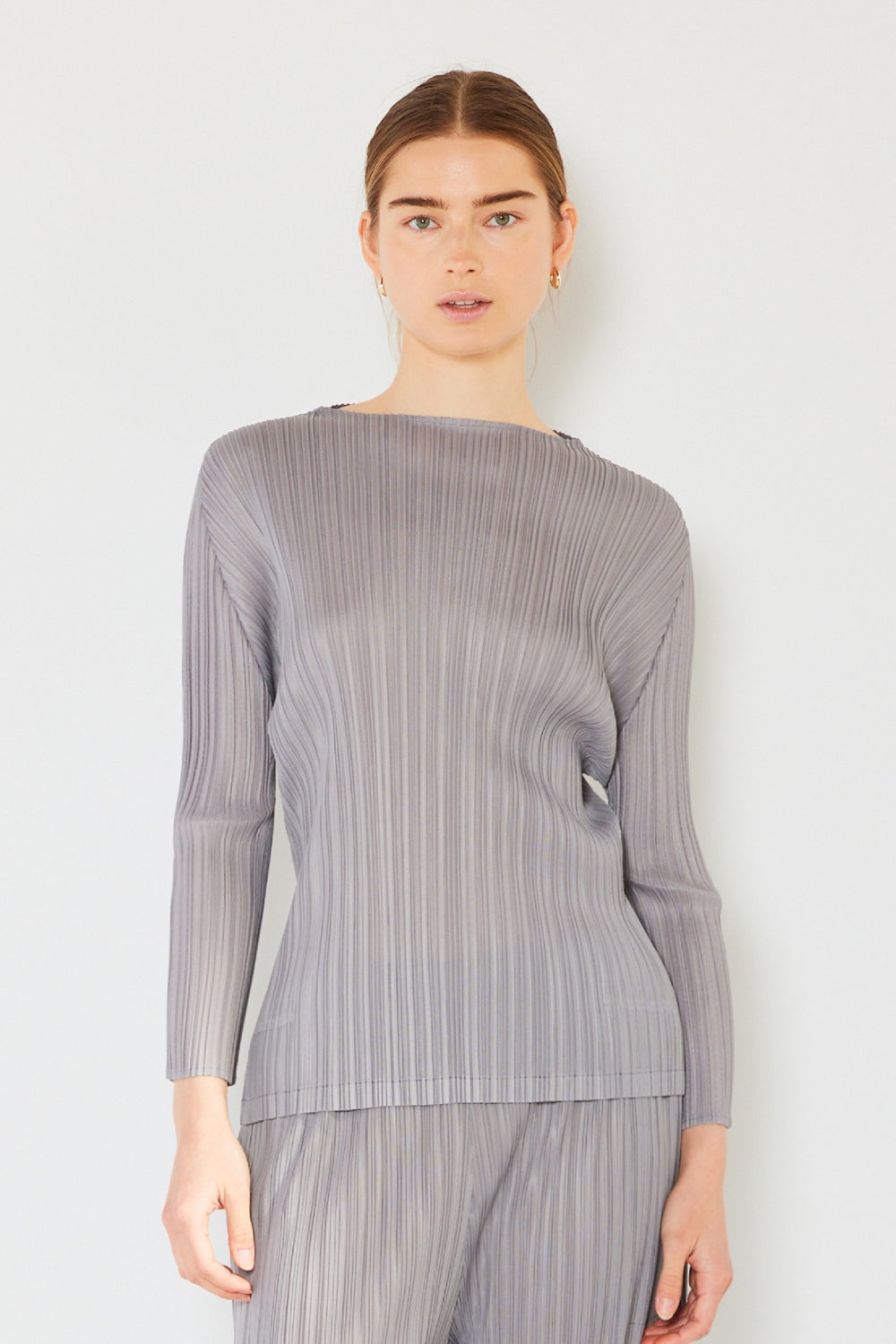 Marina West Swim Pleated Long Sleeve Boatneck Top - Gray / S/M - TOPS - Mixed