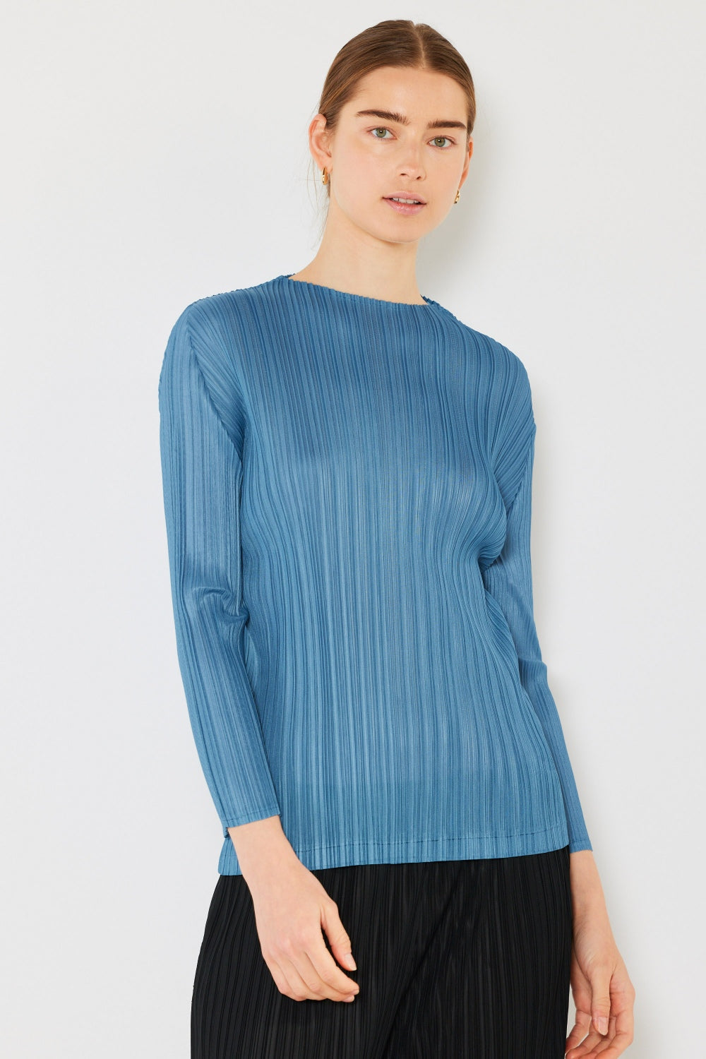 Marina West Swim Pleated Long Sleeve Boatneck Top - Steel Blue / S/M - TOPS - Mixed