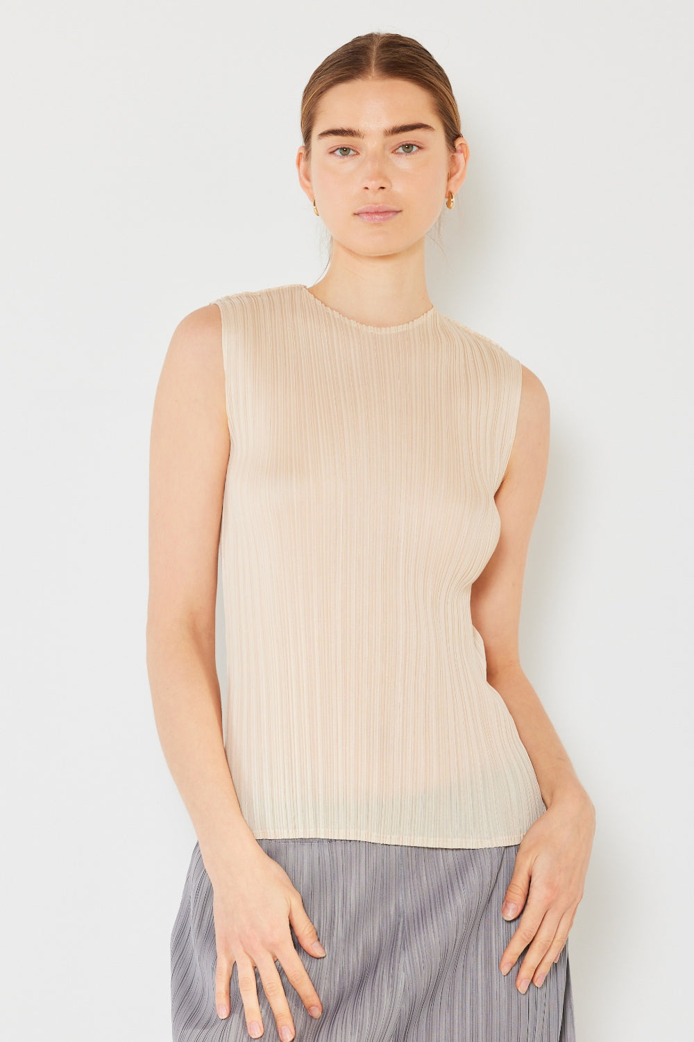 Marina West Swim Pleated Sleeveless Crewneck Tank - Beige / S/M - TOPS - Mixed