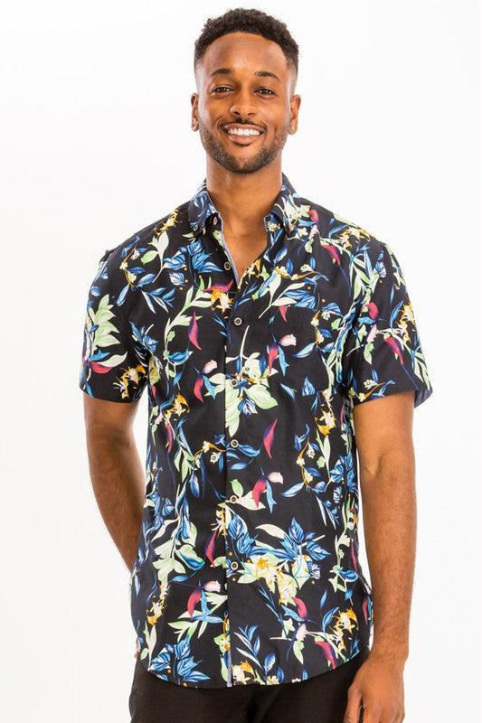 Mens Print Hawaiian Button Down Shirt Smile Sparker