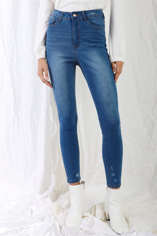 Mid Blue High-waisted With Rips Skinny Denim Jeans Smile Sparker