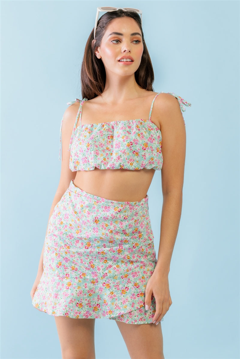 Mint Fuchsia Print Cotton Sleeveless Strappy Crop Top & High Waist Wrap Hem Mini Skirt Set Smile Sparker