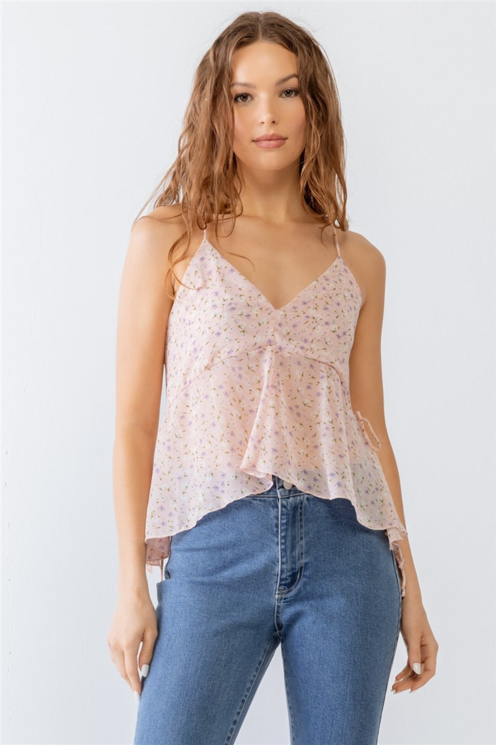 Miss Love / Kevin Co. Floral Print V-Neck Criss-Cross Back Flare Cami - Pink / S - TOPS - Pink