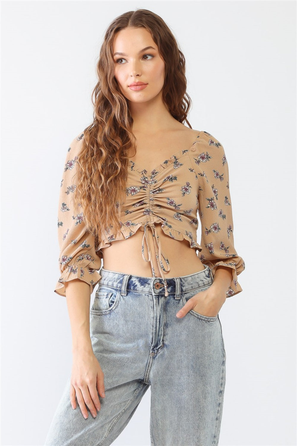 Miss Love / Kevin Co. Floral Ruffle Smocked Back Ruched Crop Top - Taupe / S - TOPS - Mixed