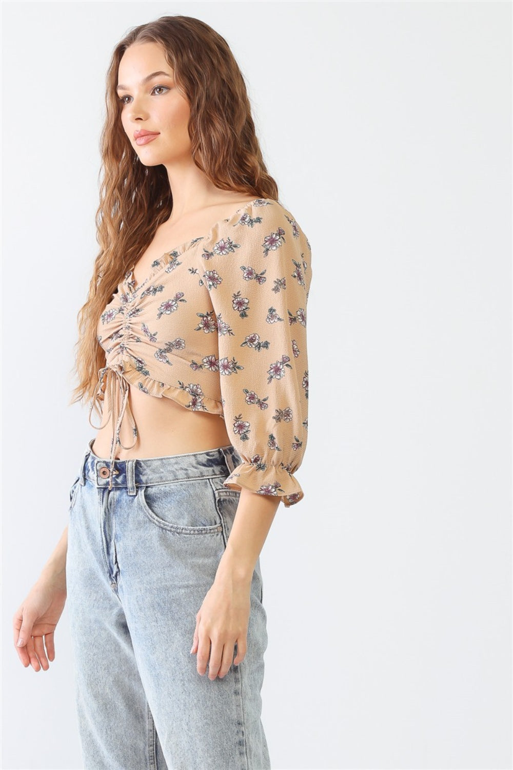 Miss Love / Kevin Co. Floral Ruffle Smocked Back Ruched Crop Top - TOPS - Mixed