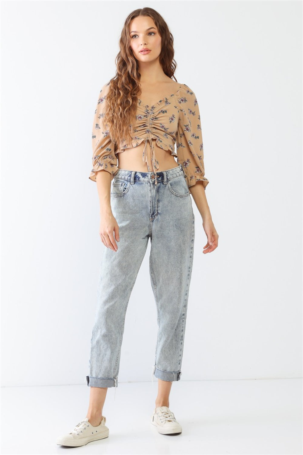 NWT With high quality Jean Floral Ruffle Crop Top