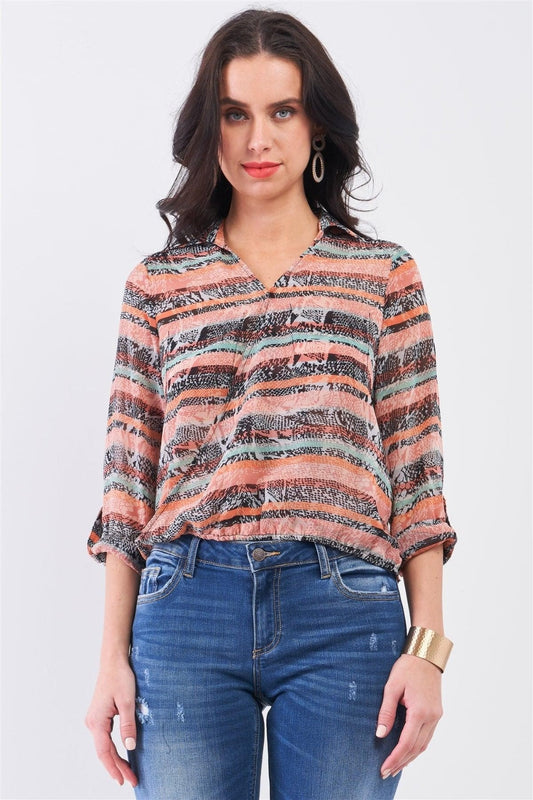 Mono B Cutout Johnny Collar Three-Quarter Sleeve Blouse - Animal Print Coral Multi / XS - TOPS - Animal Print