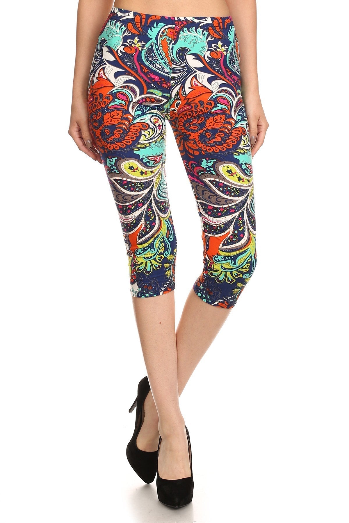 Multi-color Ornate Print Cropped Length Fitted Leggings With High Elastic Waist. Smile Sparker