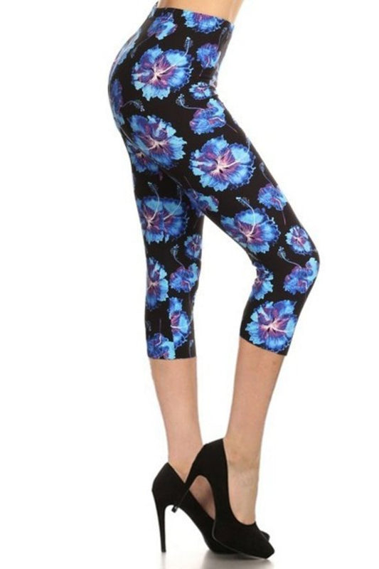 Multi-color Print, Cropped Capri Leggings In A Fitted Style With A Banded High Waist Smile Sparker