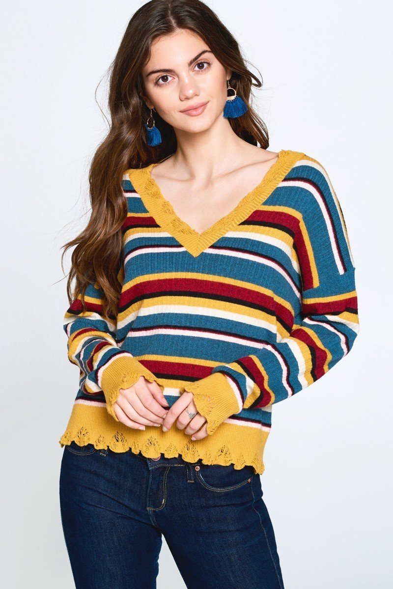 Multi-colored Variegated Striped Knit Sweater Smile Sparker