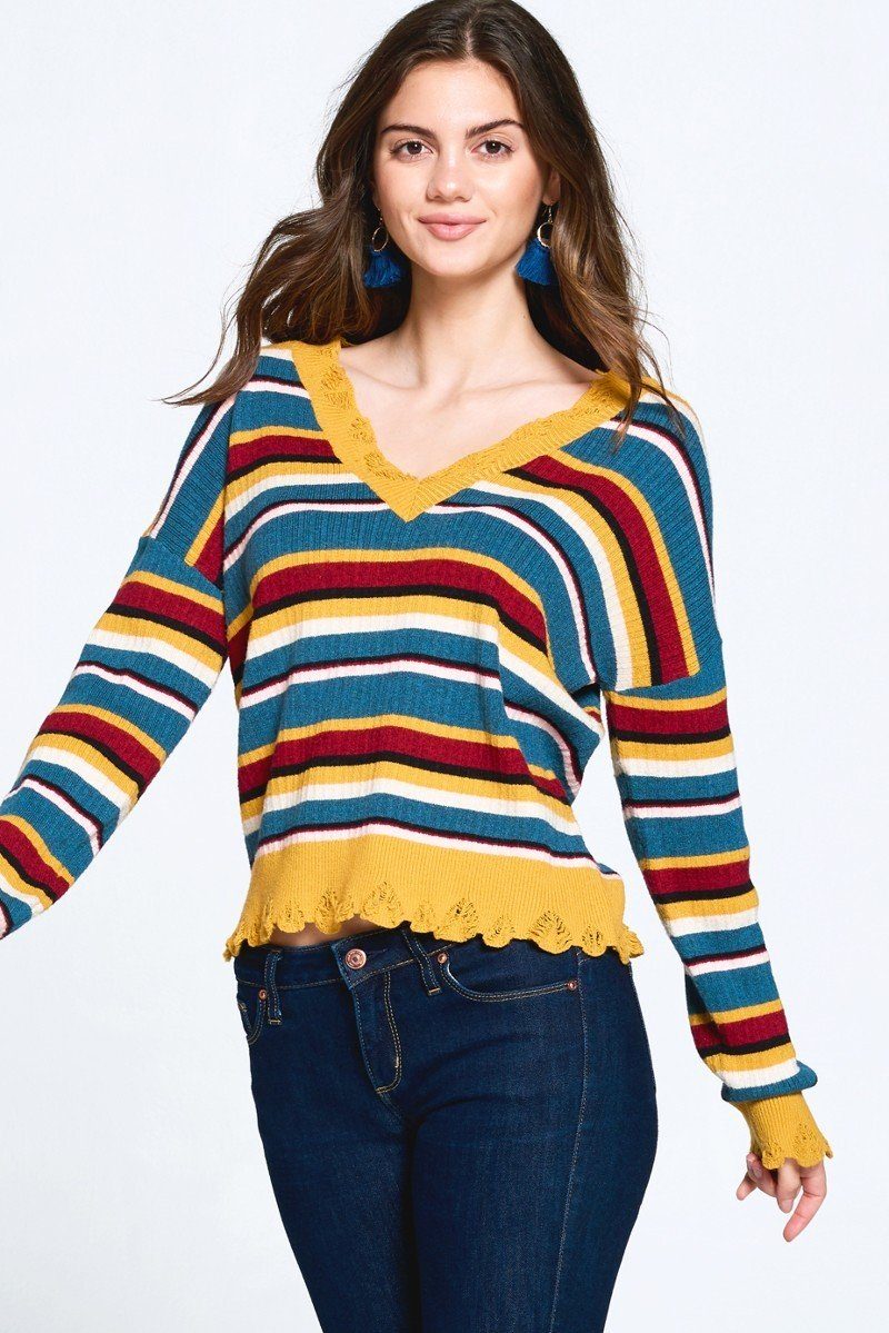 Multi-colored Variegated Striped Knit Sweater Smile Sparker