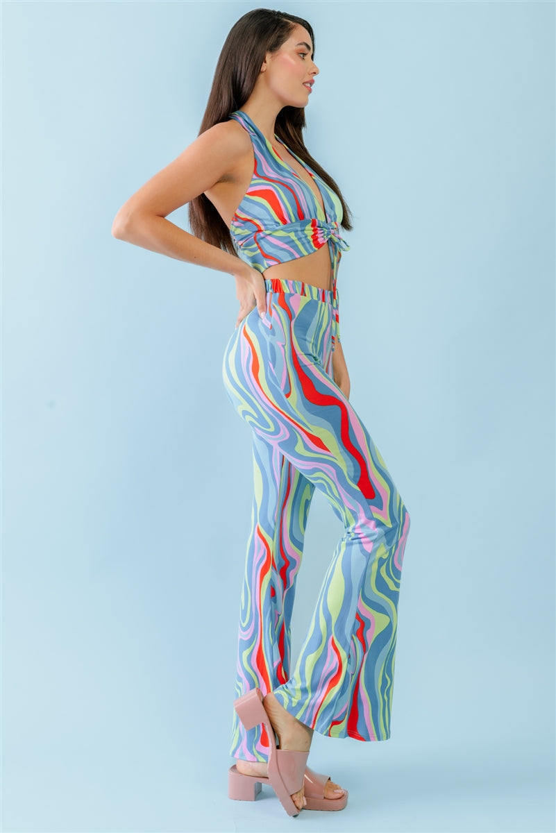 Multicolor Abstract Print Halter V-neck Ruched Open Back Crop Top & High Waist Pants Set Smile Sparker