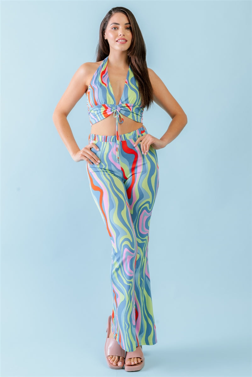 Multicolor Abstract Print Halter V-neck Ruched Open Back Crop Top & High Waist Pants Set Smile Sparker