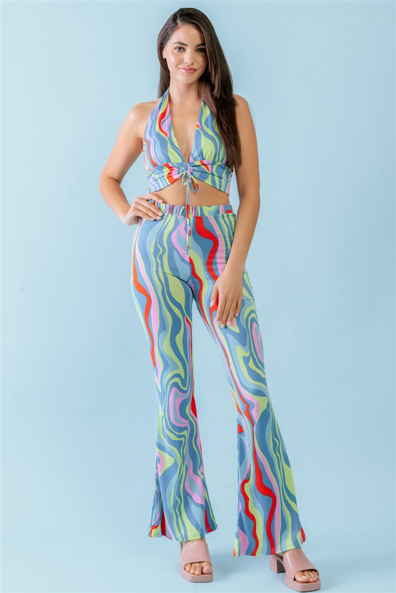 Multicolor Abstract Print Halter V-neck Ruched Open Back Crop Top & High Waist Pants Set Smile Sparker