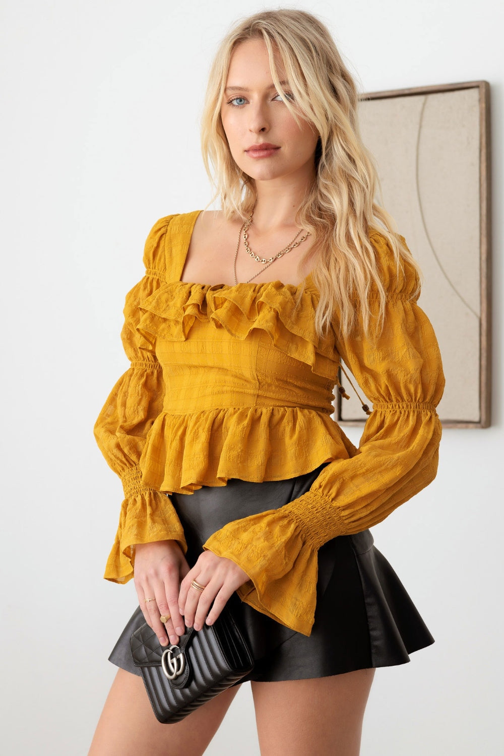 Mustard Seed Boho Shirred Smocked Peplum Long Sleeve Top - Dijon / S - TOPS - Mustard