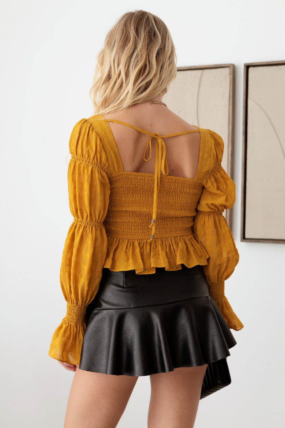 Mustard Seed Boho Shirred Smocked Peplum Long Sleeve Top - TOPS - Mustard