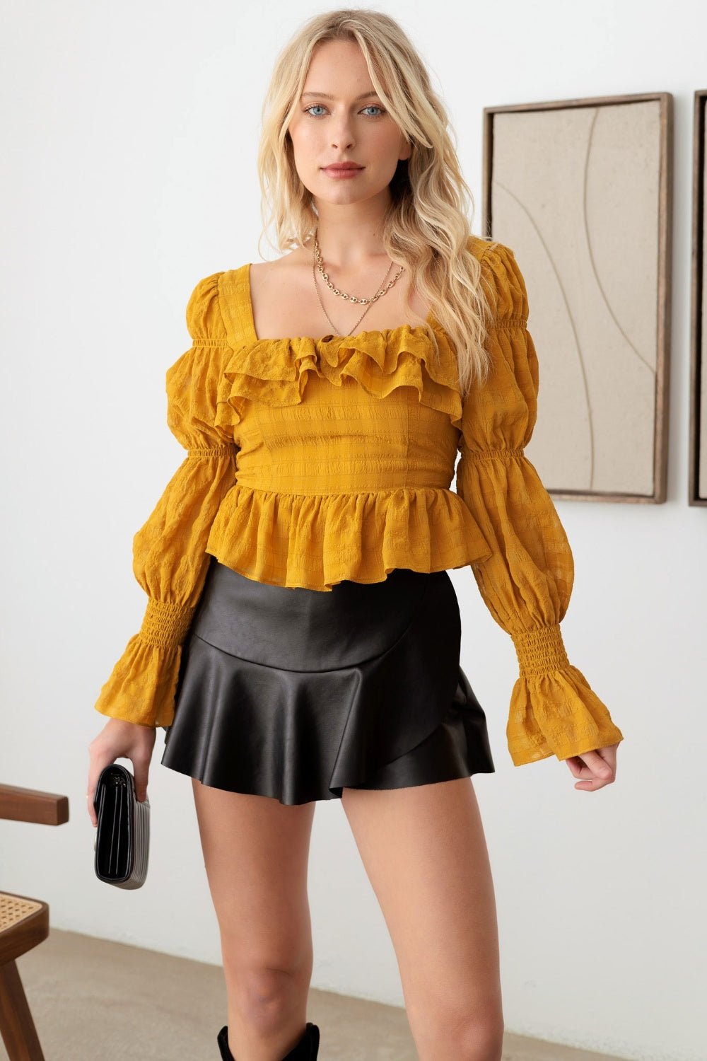 Mustard Seed Boho Shirred Smocked Peplum Long Sleeve Top - TOPS - Mustard